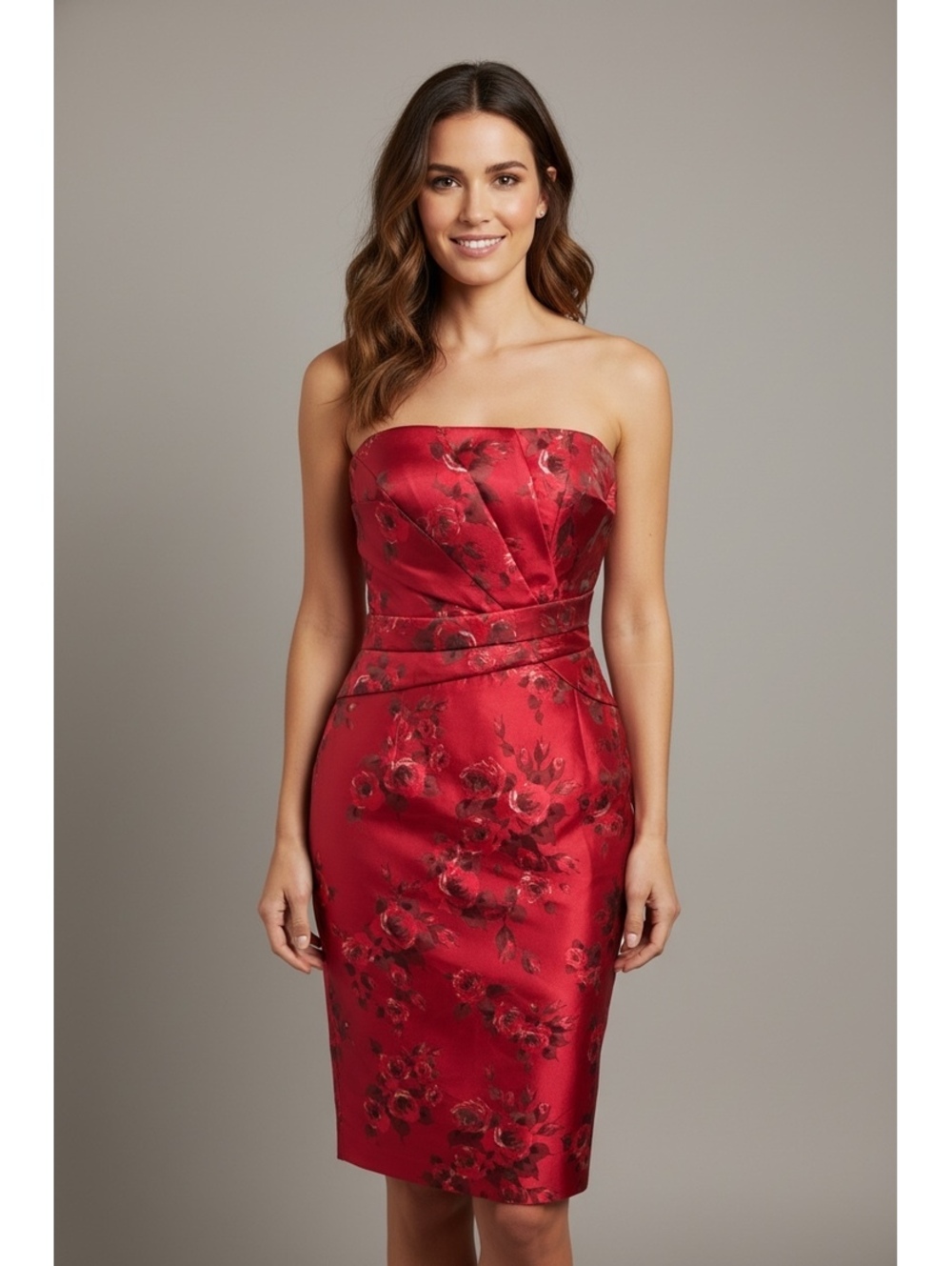 Elegant Strapless Red Floral Satin Cocktail Dress